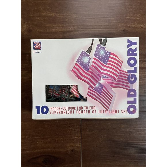 Vintage American Flag Blow Mold String Lights 10 Flags on green cord Working - Picture 2 of 9